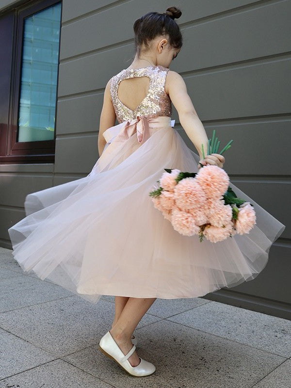 Bowknot Sleeveless Scoop Tulle A-Line/Princess Tea-Length Flower Girl Dresses