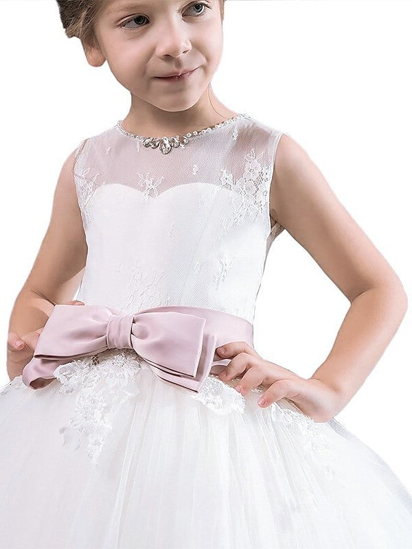 Tulle Sleeveless Sash/Ribbon/Belt Gown Floor-Length Ball Scoop Flower Girl Dresses