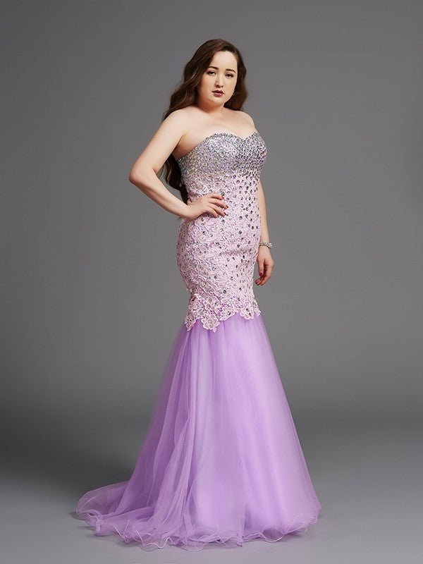 Sleeveless Sweetheart Beading Net Trumpet/Mermaid Long Plus Size Dresses