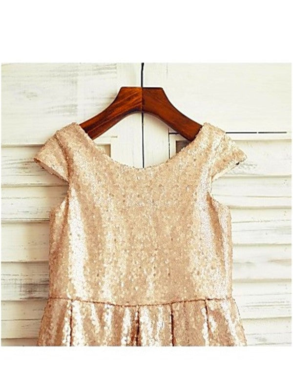 Tea-Length Sequins Short Sleeves Scoop A-line/Princess Flower Girl Dresses