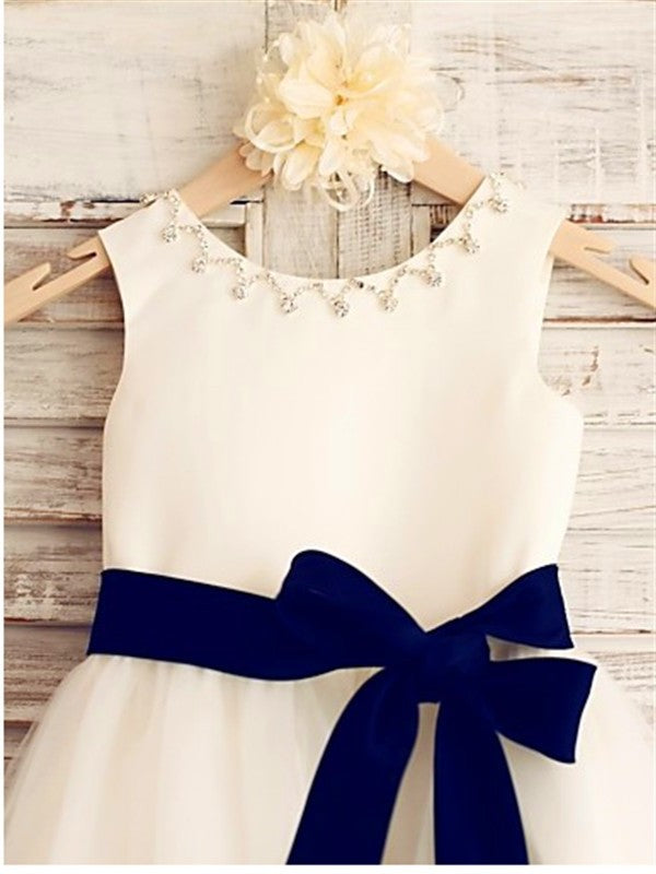 Sleeveless A-line/Princess Tea-Length Tulle Scoop Bowknot Flower Girl Dresses