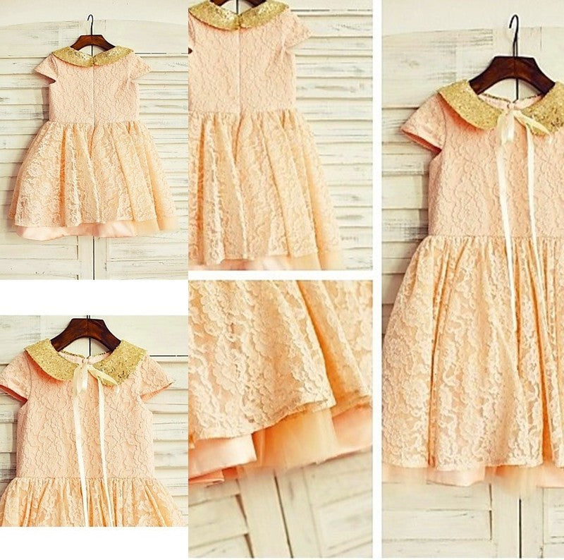 Tea-Length Scoop A-line/Princess Sequin Lace Short Sleeves Flower Girl Dresses