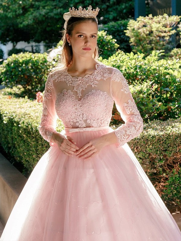 Gown Lace Long Sleeves Tulle Scoop Ball Sweep/Brush Train Dresses