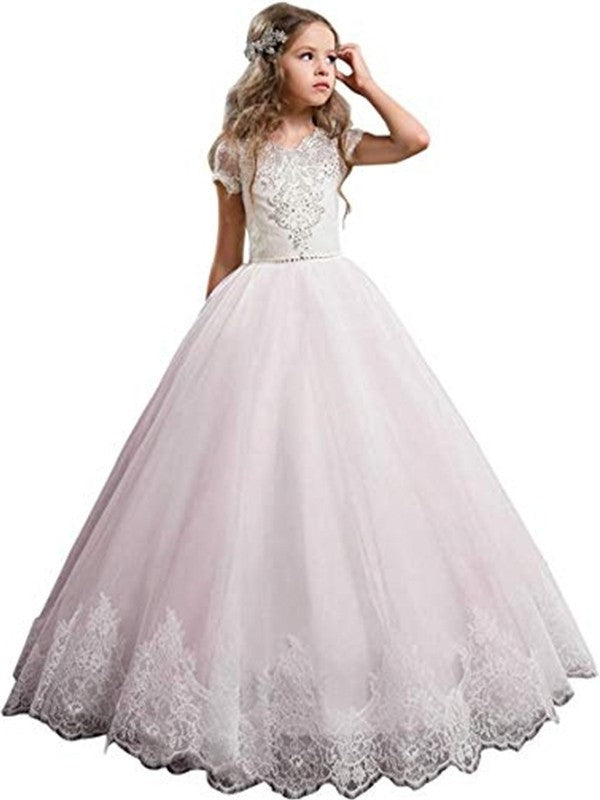 V-neck Gown Short Lace Tulle Ball Sleeves Floor-Length Flower Girl Dresses