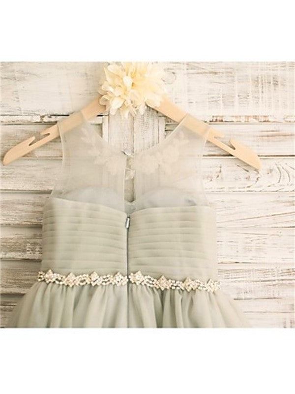 Tea-Length A-line/Princess Sleeveless Scoop Beading Tulle Flower Girl Dresses