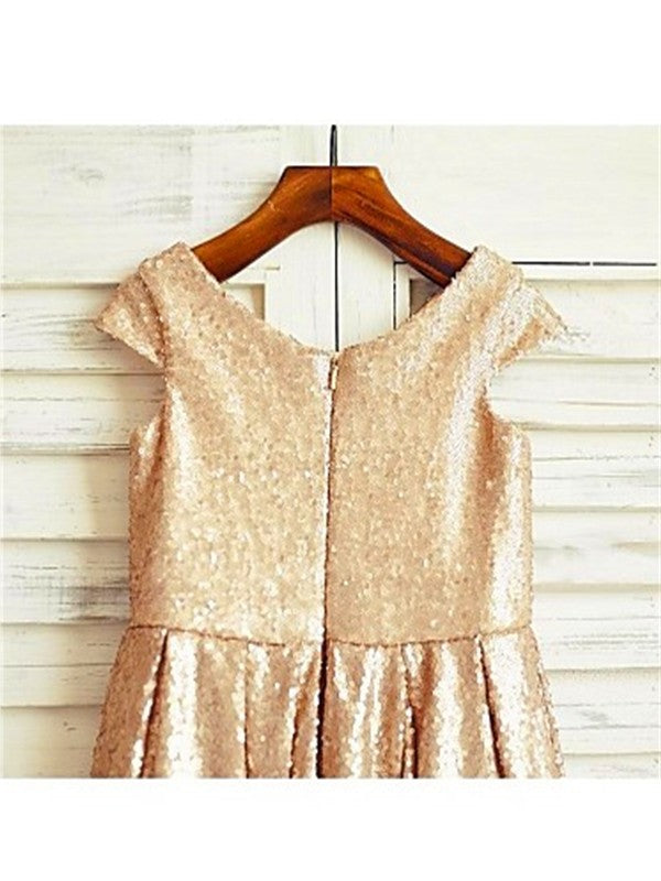 Tea-Length Sequins Short Sleeves Scoop A-line/Princess Flower Girl Dresses