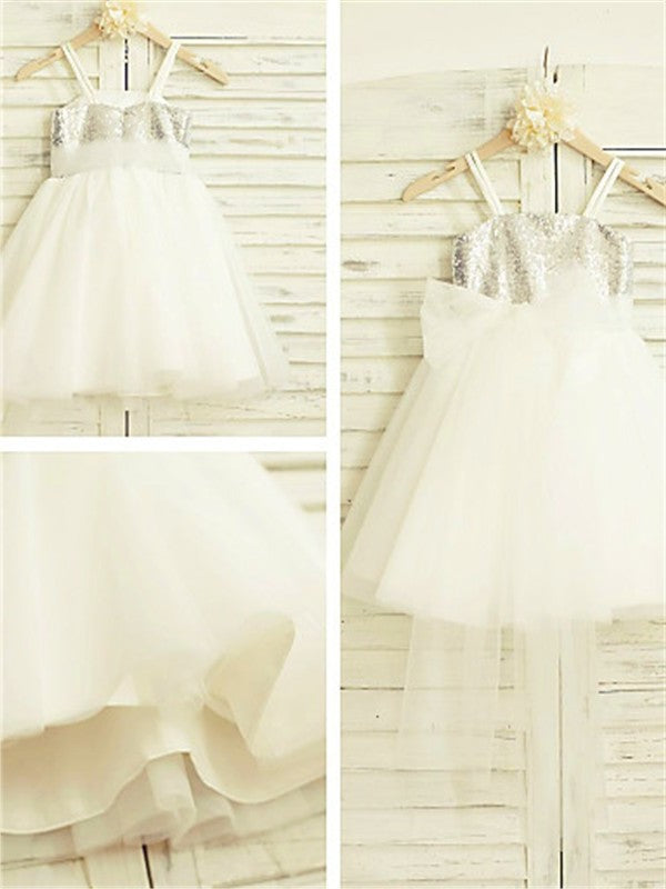 Spaghetti Tea-Length Tulle A-line/Princess Straps Sleeveless Sequin Flower Girl Dresses