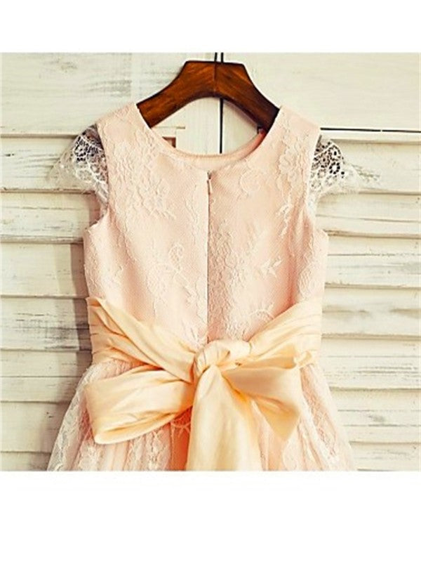 Sash/Ribbon/Belt Tea-Length A-line/Princess Lace Scoop Short Sleeves Flower Girl Dresses