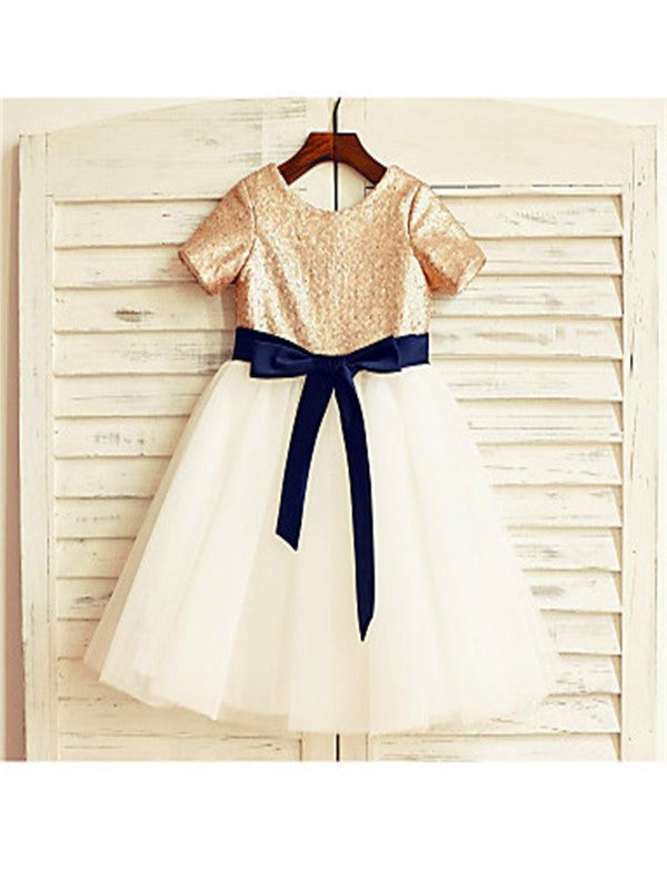 Scoop Tulle Sequin Short Tea-Length A-line/Princess Sleeves Flower Girl Dresses