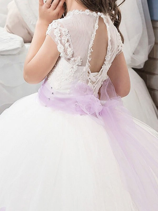 Floor-Length Short Sleeves Gown Tulle Ball Jewel Sash/Ribbon/Belt Flower Girl Dresses