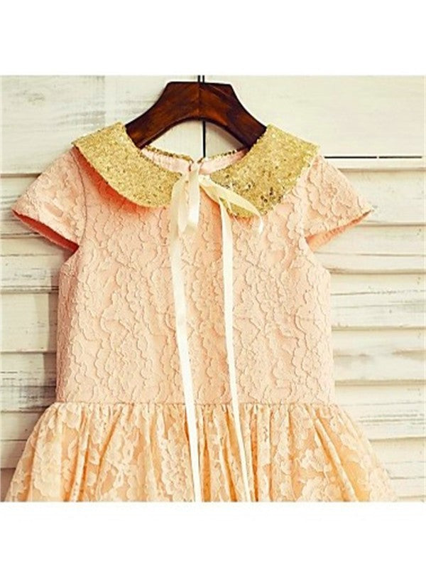 Tea-Length Scoop A-line/Princess Sequin Lace Short Sleeves Flower Girl Dresses