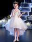 Short Applique Scoop Sleeves Asymmetrical A-Line/Princess Tulle Flower Girl Dresses