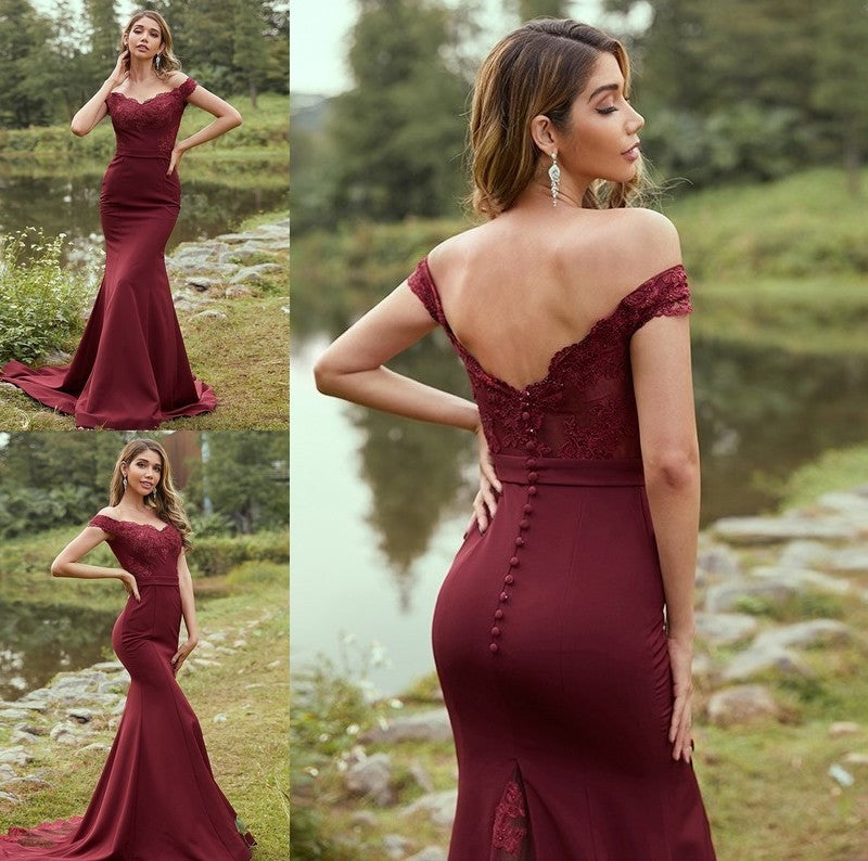 Sleeveless Applique Off-the-Shoulder Sweep/Brush Sheath/Column Stretch Crepe Train Bridesmaid Dresses