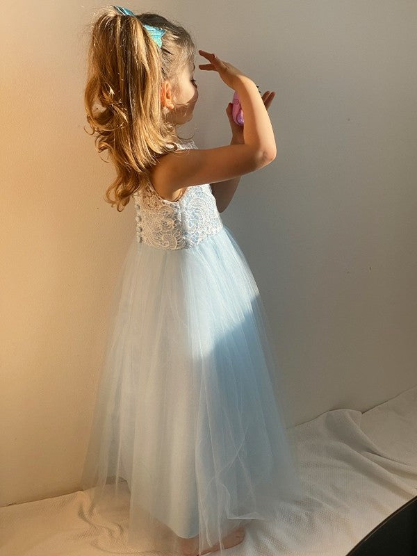 A-Line/Princess Lace Scoop Ankle-Length Tulle Sleeveless Flower Girl Dresses