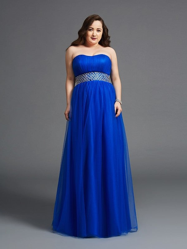 Rhinestone Net Long Strapless A-Line/Princess Sleeveless Plus Size Dresses