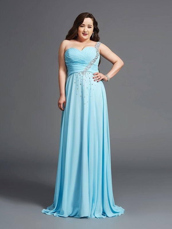 One-Shoulder A-Line/Princess Chiffon Sleeveless Rhinestone Long Plus Size Dresses