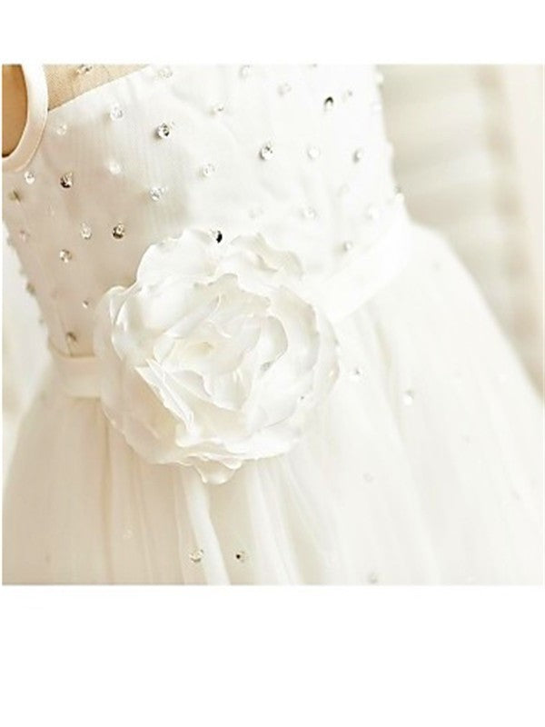 Scoop Tea-Length Hand-made A-line/Princess Tulle Flower Sleeveless Flower Girl Dresses