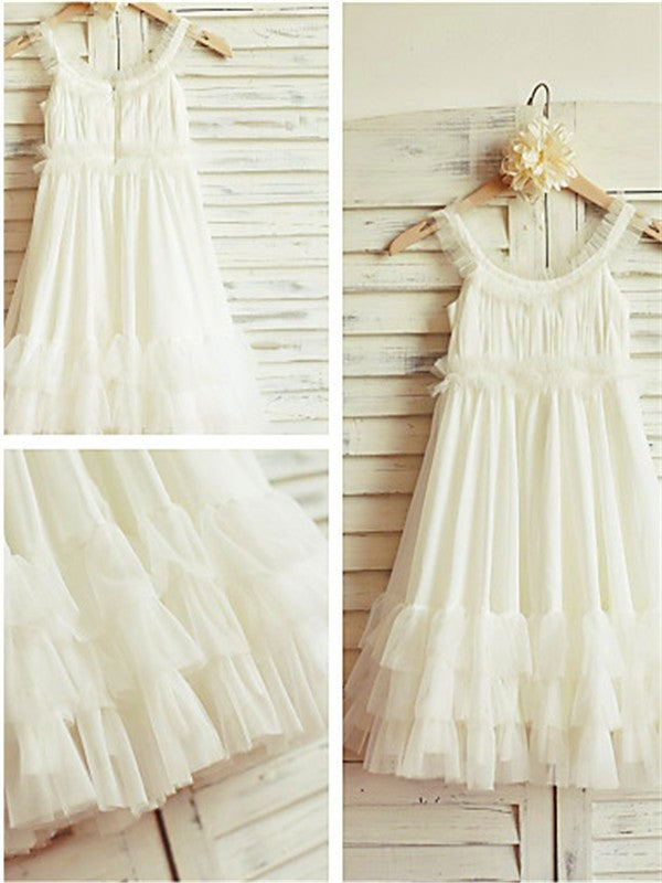 Straps A-line/Princess Chiffon Tea-Length Sleeveless Ruffles Flower Girl Dresses