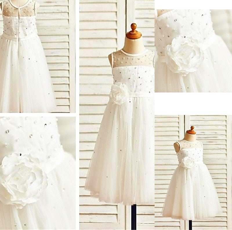 Scoop Tea-Length Hand-made A-line/Princess Tulle Flower Sleeveless Flower Girl Dresses