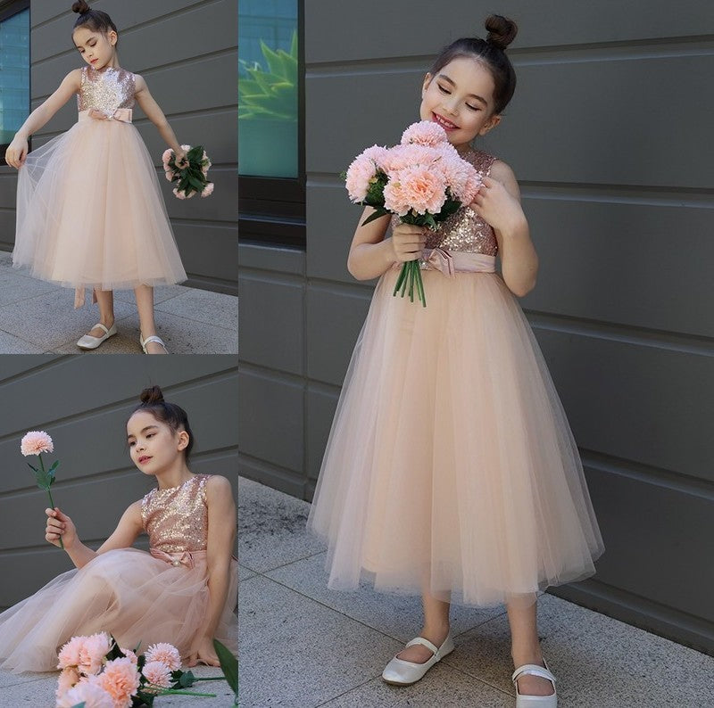 Bowknot Sleeveless Scoop Tulle A-Line/Princess Tea-Length Flower Girl Dresses