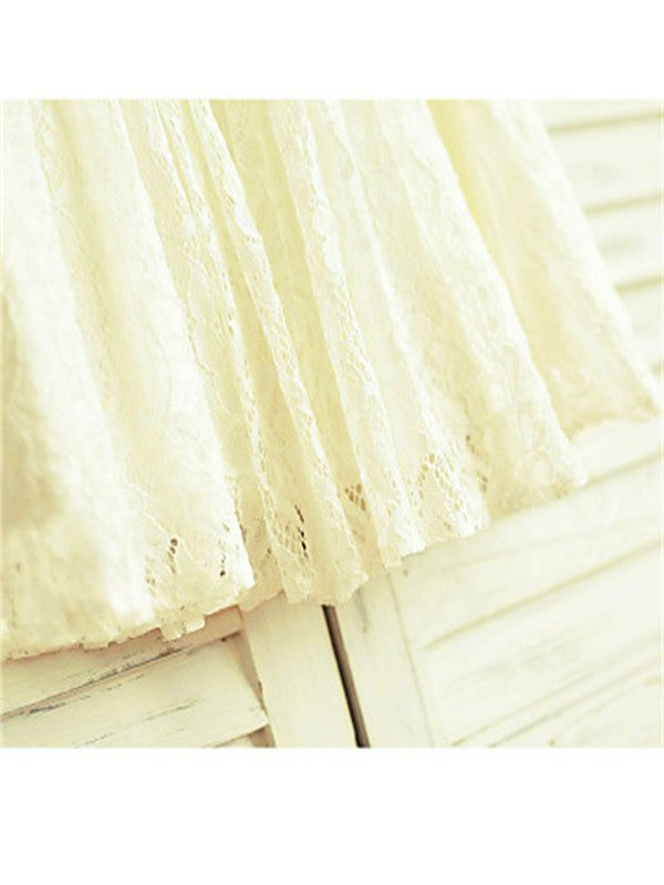 Short Flower Hand-made Scoop Lace A-line/Princess Sleeves Tea-Length Flower Girl Dresses