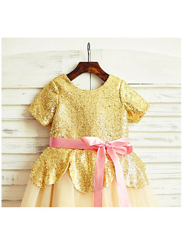 A-line/Princess Sequin Tea-Length Scoop Tulle Sleeves Short Flower Girl Dresses