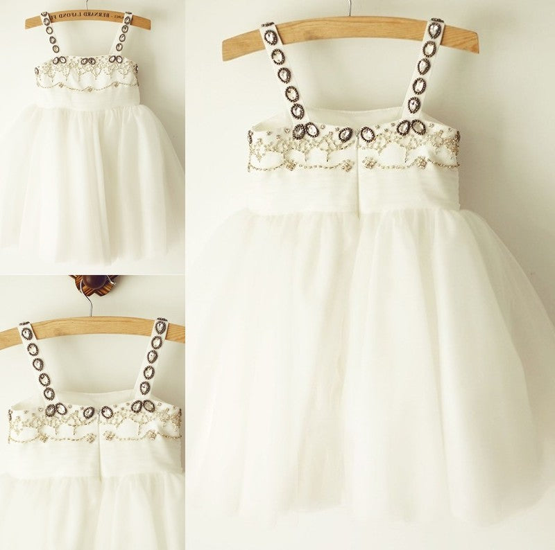 Straps Knee-Length Tulle Beading Sleeveless A-Line/Princess Flower Girl Dresses