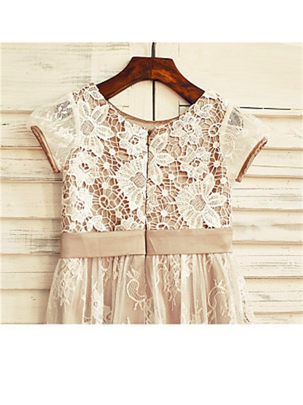 Lace A-line/Princess Hand-made Flower Short Tea-Length Sleeves Scoop Flower Girl Dresses