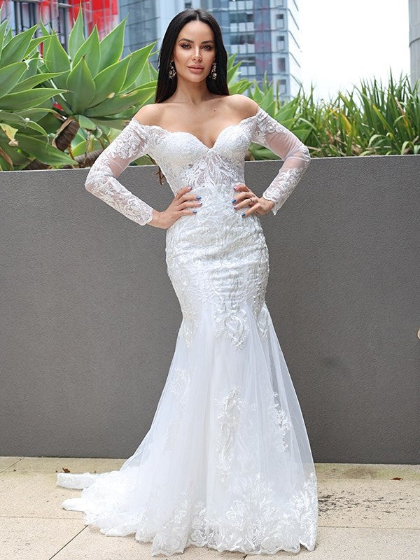 Trumpet/Mermaid Sleeves Long Sweep/Brush Tulle Applique Off-the-Shoulder Train Wedding Dresses