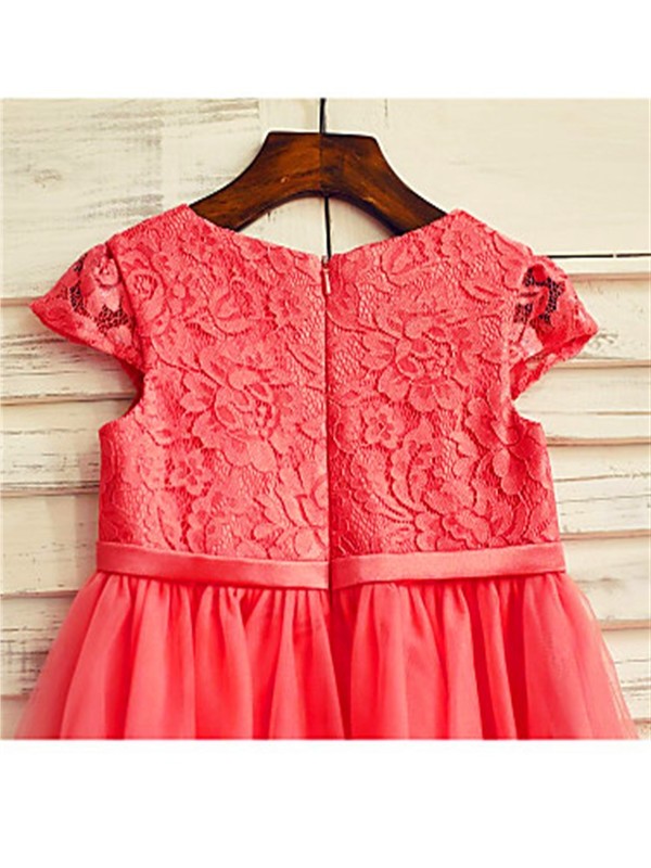 Scoop Tea-Length Sleeves A-line/Princess Lace Tulle Short Flower Girl Dresses