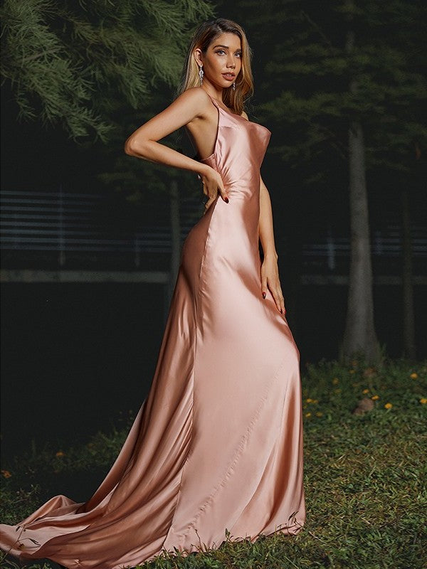 Charmeuse Sweep/Brush Straps Ruched Spaghetti Sheath/Column Sleeveless Train Bridesmaid Dresses