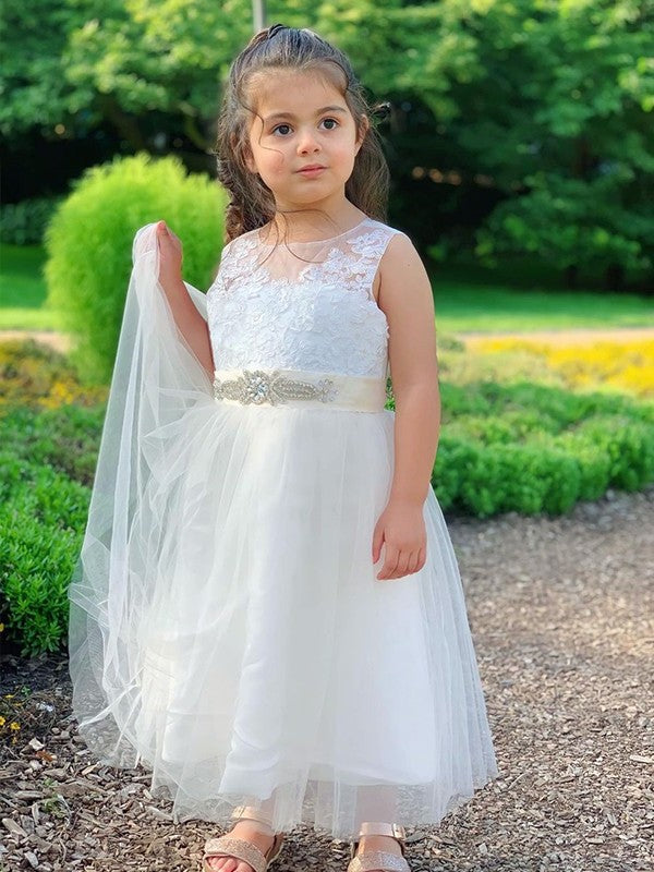 A-Line/Princess Tulle Scoop Lace Sleeveless Tea-Length Flower Girl Dresses