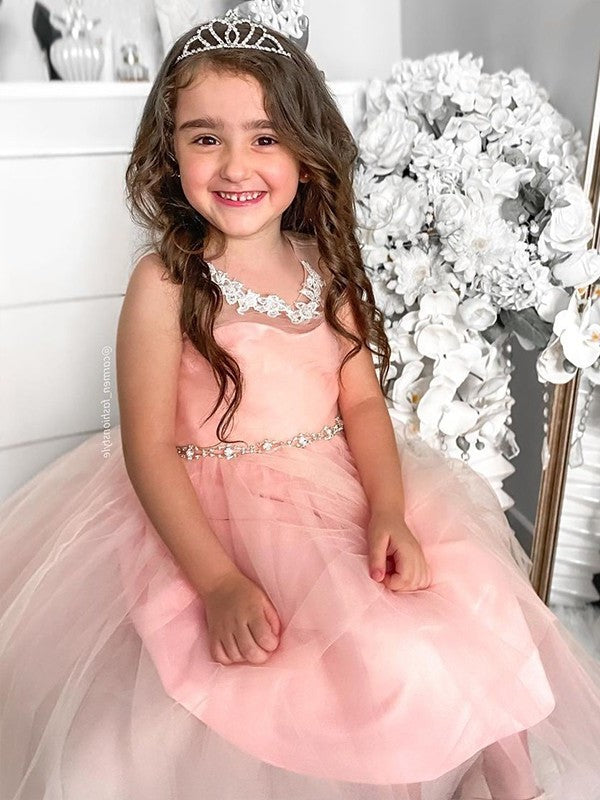 Scoop A-Line/Princess Beading Sleeveless Tea-Length Tulle Flower Girl Dresses