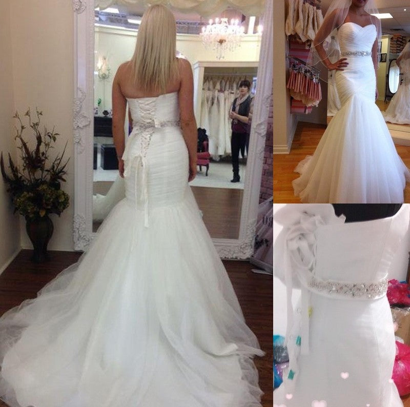 Train Sleeveless Beading Court Trumpet/Mermaid Sweetheart Tulle Wedding Dresses