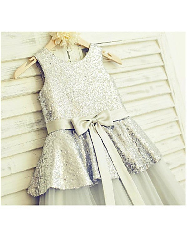 Tea-Length Scoop A-line/Princess Sequin Sleeveless Tulle Flower Girl Dresses