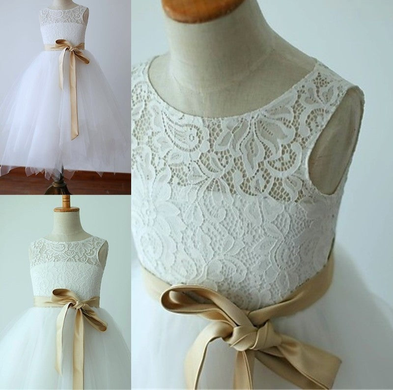 A-line/Princess Tulle Tea-Length Sleeveless Scoop Sash/Ribbon/Belt Flower Girl Dresses