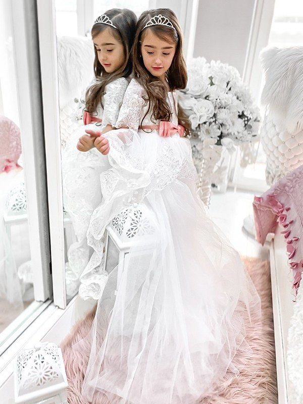 Off-the-Shoulder A-Line/Princess Sweep/Brush Train 1/2 Sleeves Sash/Ribbon/Belt Tulle Flower Girl Dresses