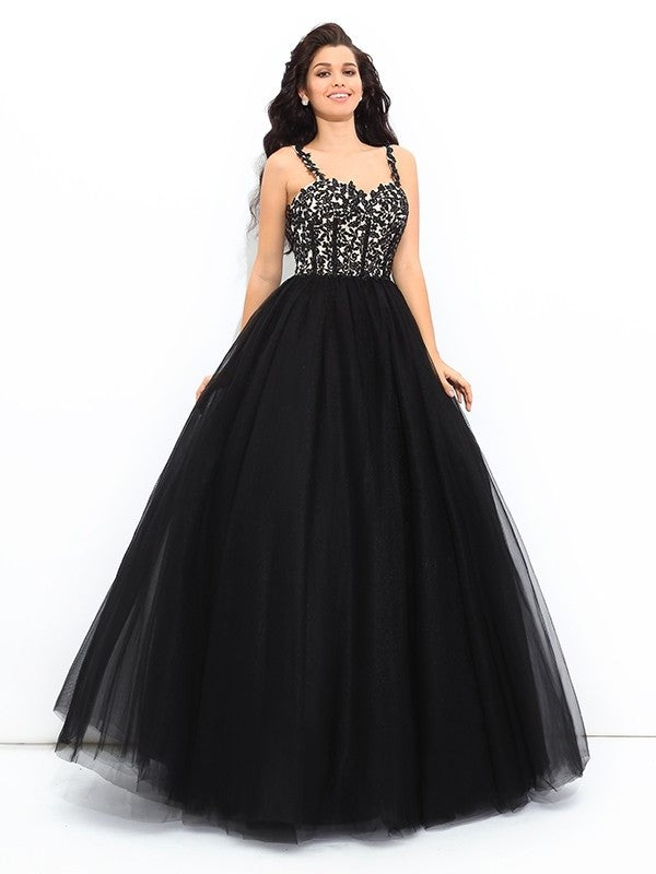 Straps Ball Sleeveless Applique Gown Long Net Quinceanera Dresses