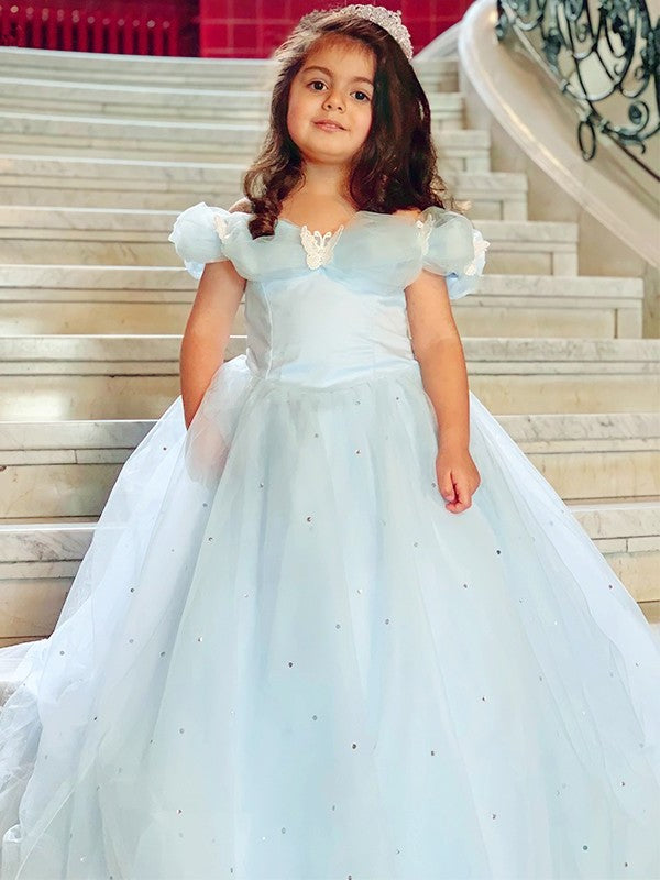 Tulle Ball Rhinestone Off-the-Shoulder Floor-Length Gown Sleeveless Flower Girl Dresses