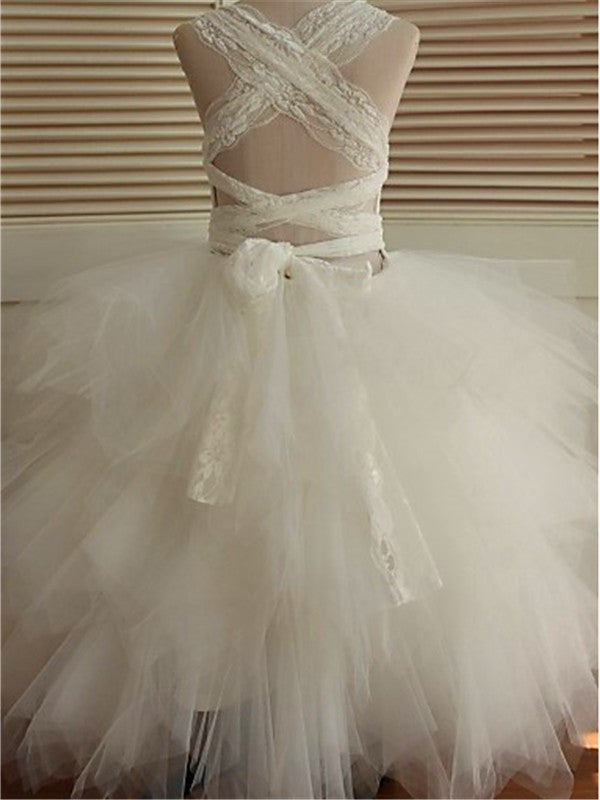 Sleeveless Ball Scoop Tulle Lace Gown Ankle-Length Flower Girl Dresses