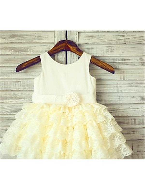 Tea-Length Layers Sleeveless Gown Scoop Lace Ball Flower Girl Dresses