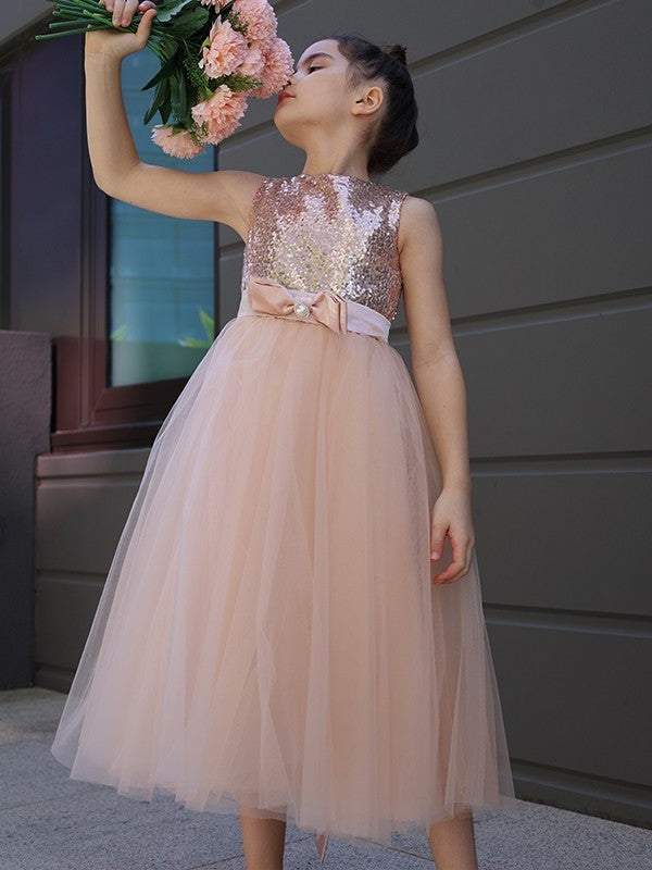 Bowknot Sleeveless Scoop Tulle A-Line/Princess Tea-Length Flower Girl Dresses