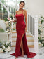 Woven Square Ruched Sheath/Column Sweep/Brush Sleeveless Elastic Satin Train Bridesmaid Dresses