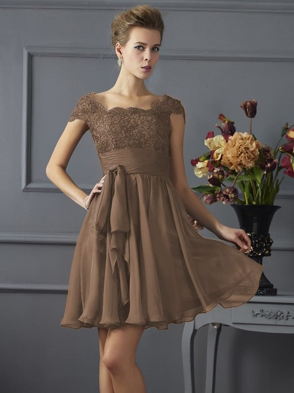 Short Short A-Line/Princess Scoop Sleeves Lace Chiffon Bridesmaid Dresses