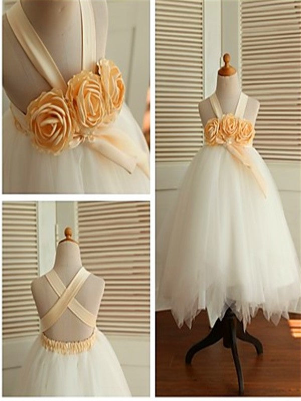 Hand-made Tea-Length Sleeveless Gown Tulle Flower Straps Ball Flower Girl Dresses