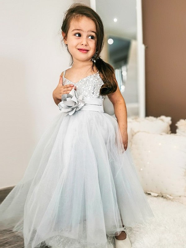 Sleeveless Tea-Length Sequin A-Line/Princess Tulle Spaghetti Straps Flower Girl Dresses