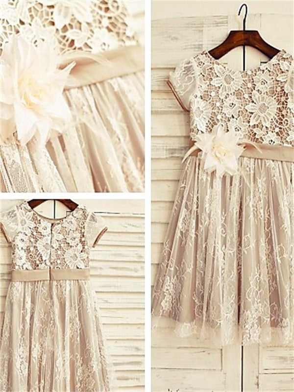 Lace A-line/Princess Hand-made Flower Short Tea-Length Sleeves Scoop Flower Girl Dresses