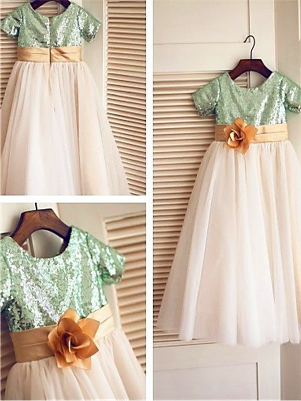 Tulle Sleeves A-line/Princess Short Sequin Scoop Tea-Length Flower Girl Dresses