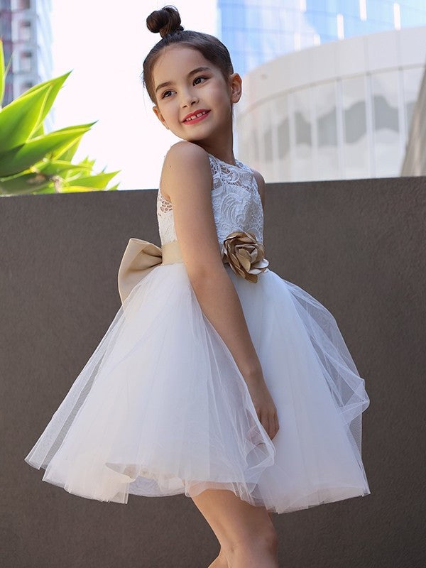 Lace Scoop Sleeveless A-Line/Princess Tulle Knee-Length Flower Girl Dresses