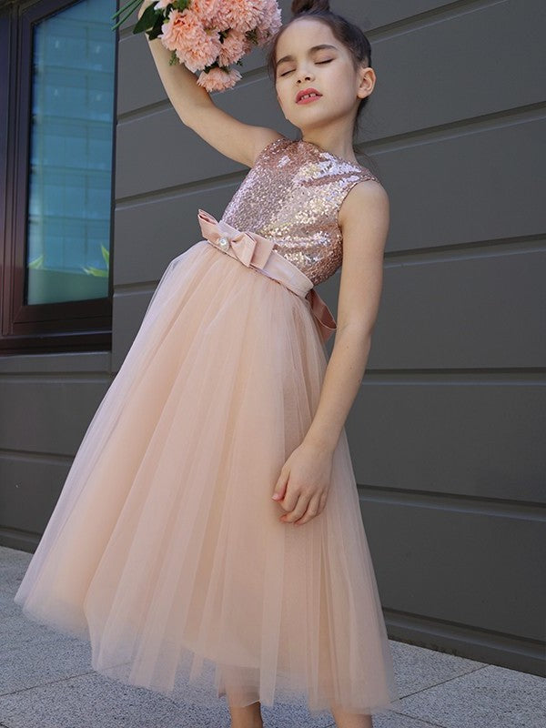 Bowknot Sleeveless Scoop Tulle A-Line/Princess Tea-Length Flower Girl Dresses